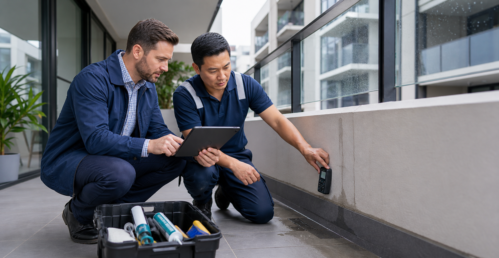 Waterproofing Services investigating a balcony leak and moisture source